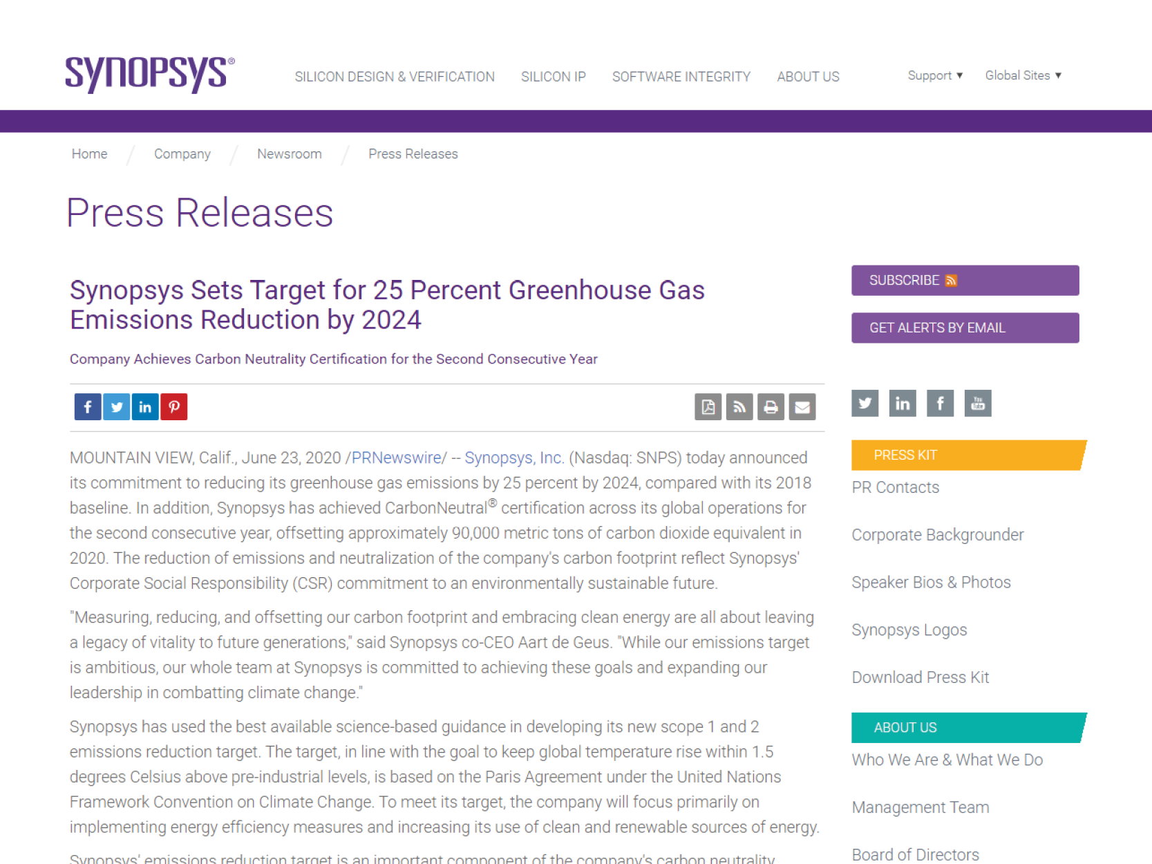 Synopsys achieves CarbonNeutral certification for second year