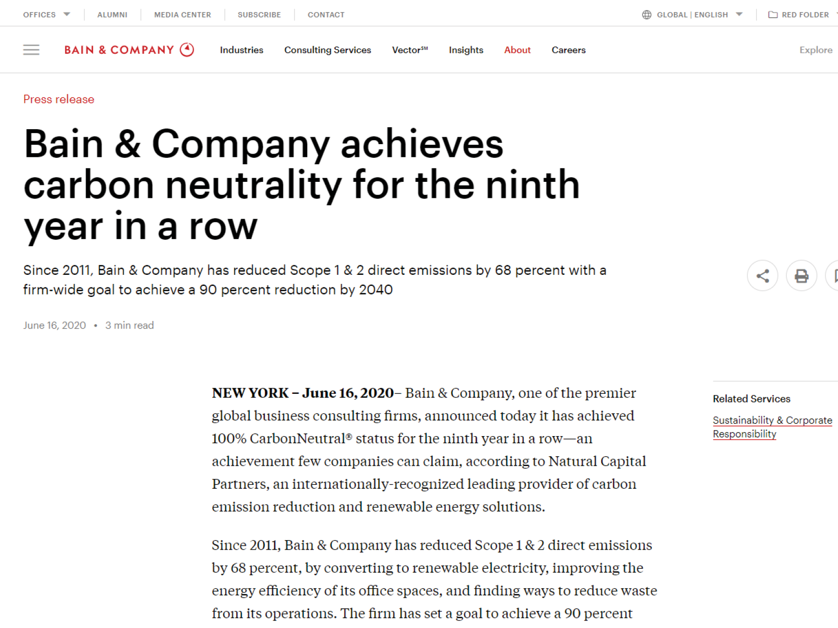 Bain & Company achieves carbon neutrality for the ninth year in a row