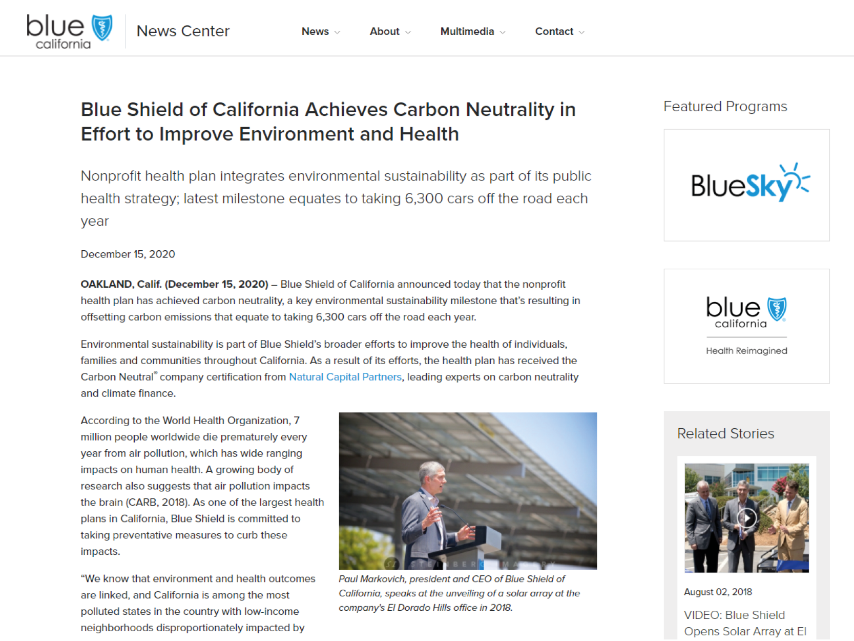 Blue Shield of California Achieves Carbon Neutrality in Effort to Improve Environment and Health